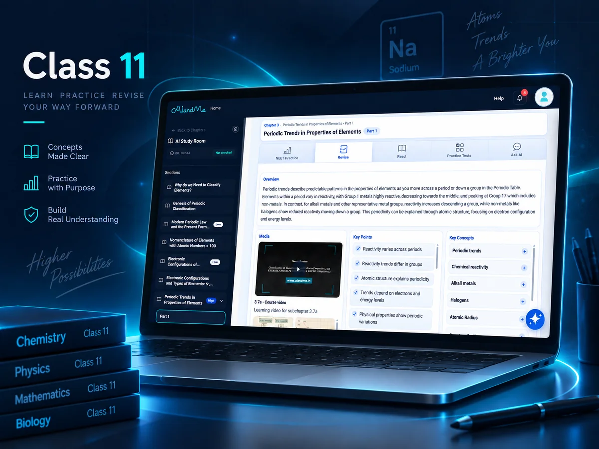 Class 11 chemistry revision in the AIandMe AI Study Room, shown on a laptop.