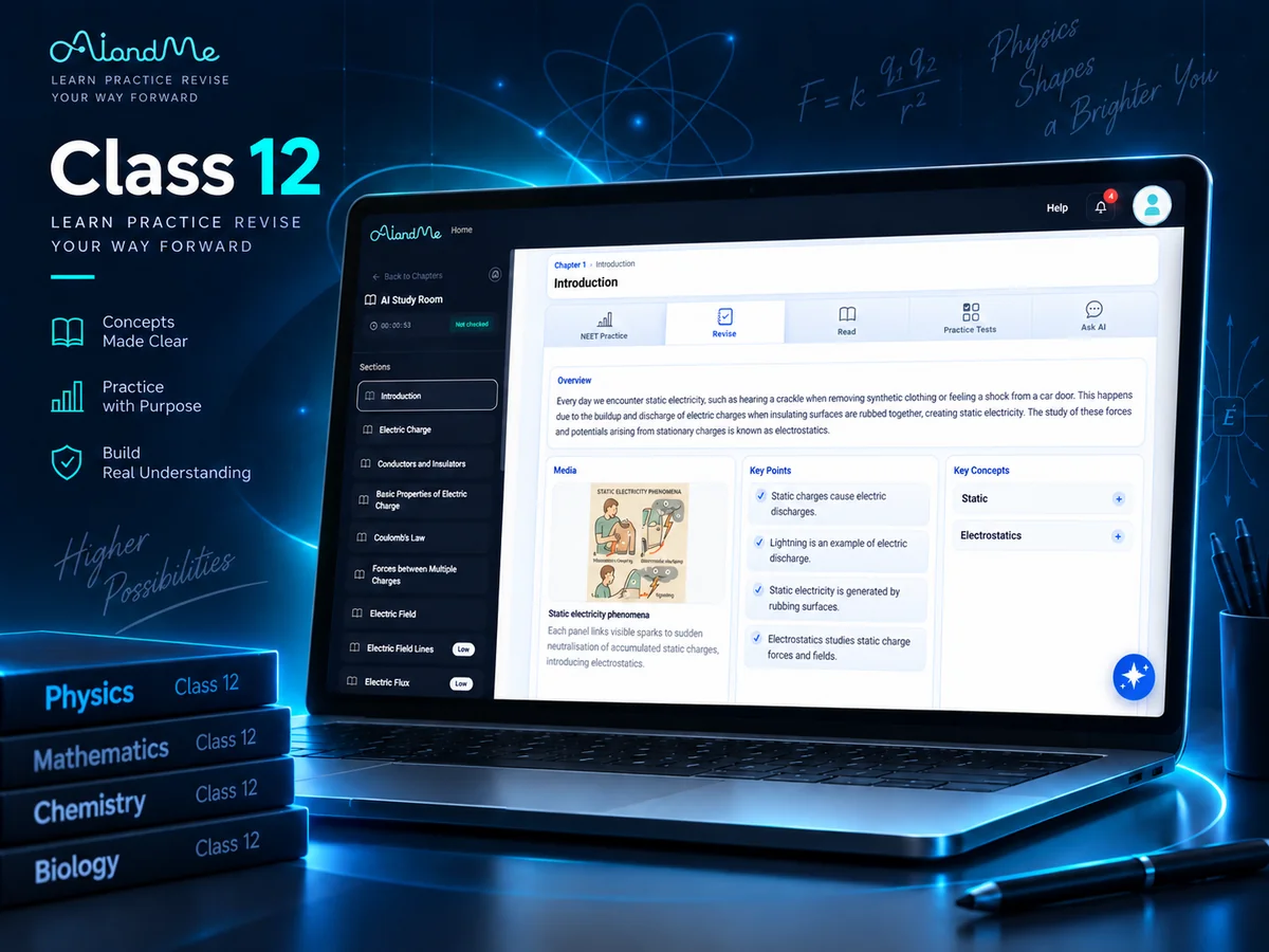 Class 12 physics revision in the AIandMe AI Study Room, shown on a laptop.