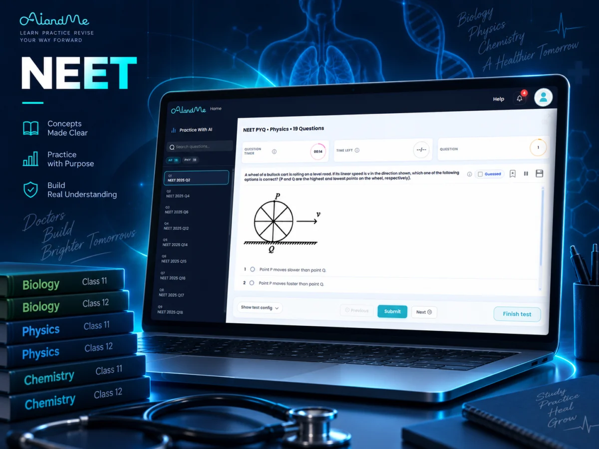 NEET past-year physics question practice in AIandMe, shown on a laptop.