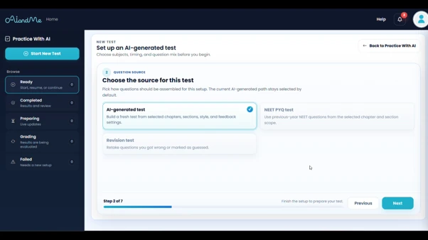 Practice with AI personalized test interface